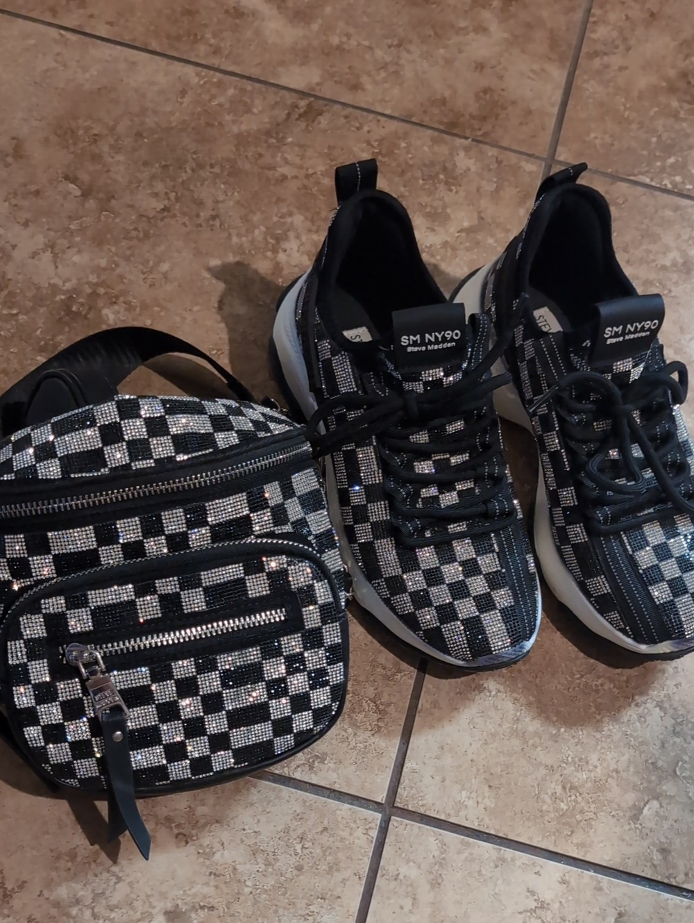 Steve Madden 7.5  Black & White Checkerboard Sneakers And Purse